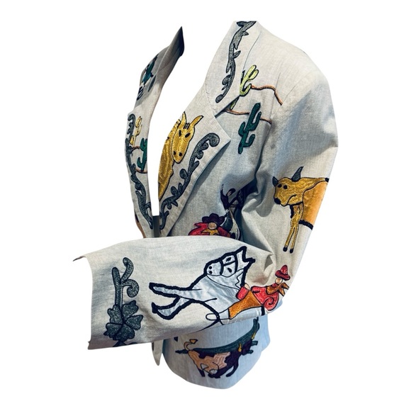 90s SANDY STARKMAN COTTON CHAMBRAY EMBROIDERED WESTERN COWGIRL THEME BLAZER SZ L - Picture 6 of 10